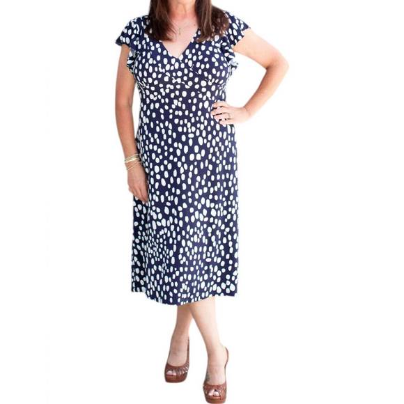 NEW LONDON TIMES ruffle midi dress in navy/soft white - Picture 1 of 3